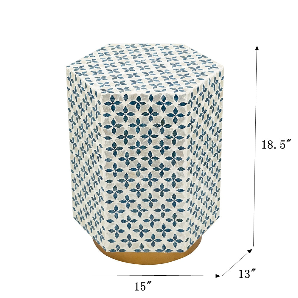 English Elm 15x13x18.5" Hexagonal Accent Table with Blue Geometric Capiz Shell Pattern and Gold Base Elegance W2078P326588