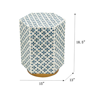 English Elm 15x13x18.5" Hexagonal Accent Table with Blue Geometric Capiz Shell Pattern and Gold Base Elegance W2078P326588