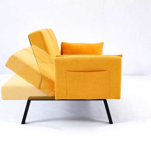 English Elm 70-inch Foldable Cotton Linen Sofa Bed with Cup Holder & Side Storage, Space-Saving 2-Seater Design Yellow W3371P337202