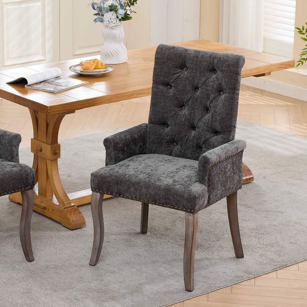 English Elm Upholstered Chenille Club Dining Chair Tufted High Back with Curved Solid Wood Legs Gray W1143P449348