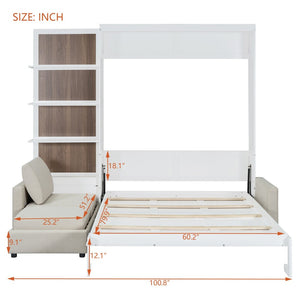 English Elm Queen Wall Bed with Linen Sofa and Open Shelving for Studio or Guest Room LP000592AAK-1