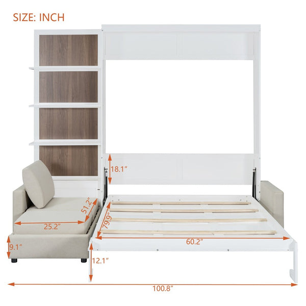 English Elm Queen Wall Bed with Linen Sofa and Open Shelving for Studio or Guest Room LP000592AAK-1