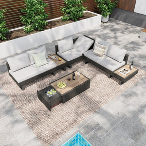 English Elm K&K 6-Pers Diamond Weave Patio Sectional Set with Thick Cushions, Extendable Ice Coffee Table, UV-Resistant Wicker Grey+Brown+Yellow N707S000013G