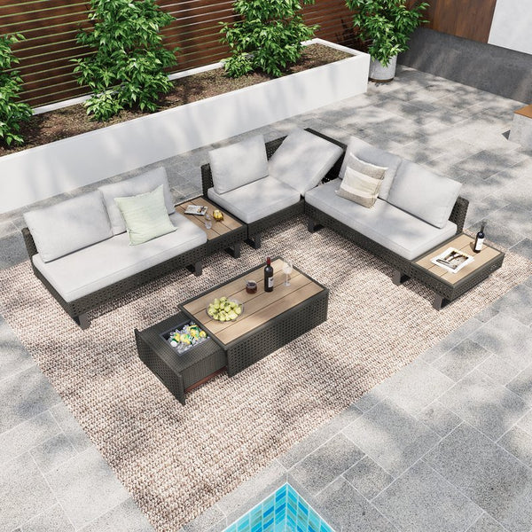 English Elm K&K 6-Pers Diamond Weave Patio Sectional Set with Thick Cushions, Extendable Ice Coffee Table, UV-Resistant Wicker Grey+Brown+Yellow N707S000013G