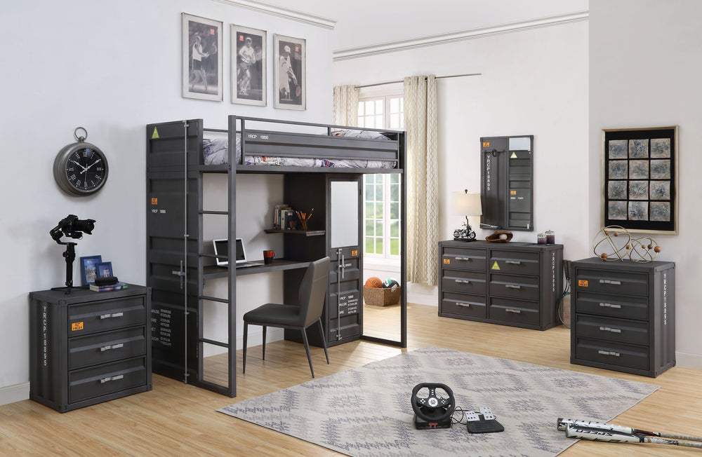 English Elm Grey Gunmetal Industrial Chair with Faux Leather Upholstery, Metal Frame, Comfort Foam, Urban Chic B062P209147