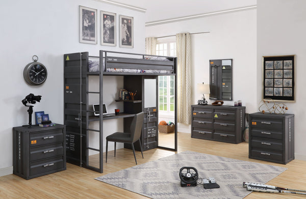 English Elm Grey Gunmetal Industrial Chair with Faux Leather Upholstery, Metal Frame, Comfort Foam, Urban Chic B062P209147