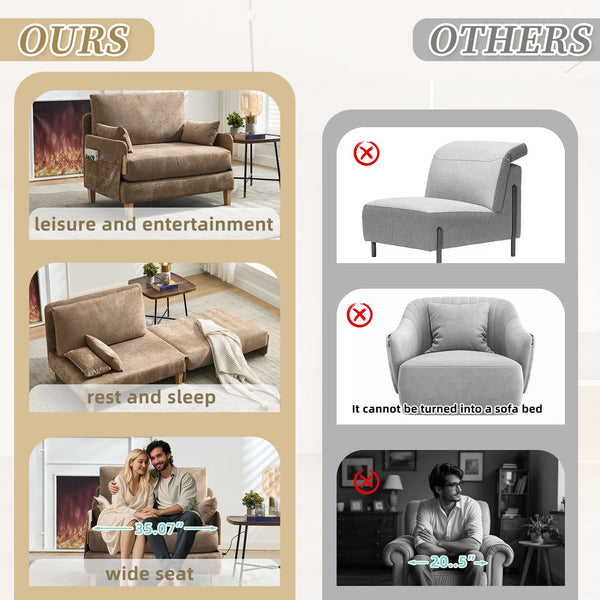 English Elm Foldable sofa bed recliner with three pillows, 3-in-1 convertible sleeper for small spaces, mid-century modern comfort Light Brown W395P290557