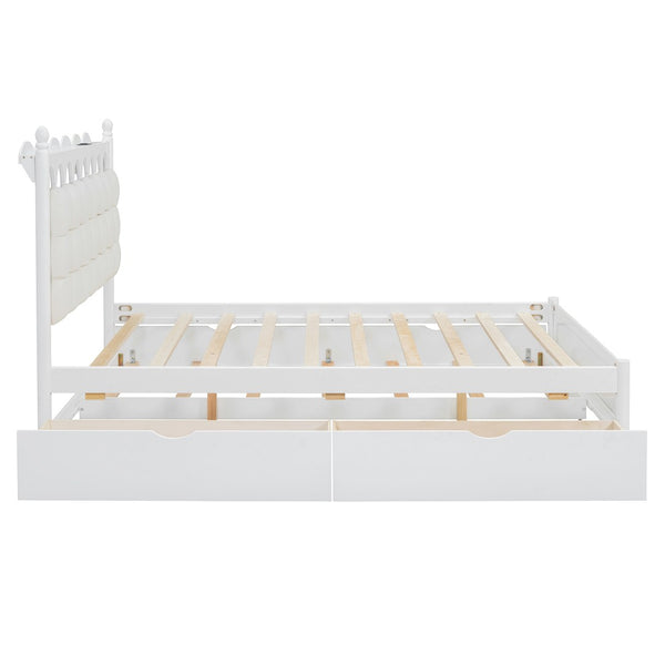 English Elm Queen Size Wooden Storage Platform Bed With Trundle, Usb Ports, And Spacious Drawers In White N820S00038K-GIGA