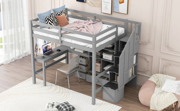 English Elm Full Full Size Loft Bed with L-Shaped Desk, Drawers, Cabinet and Staircase Storage for Space-Saving Rooms Gray GX000469AAE