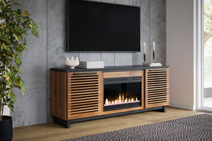 English Elm 69 Inch Fireplace TV Stand Console with 42" Electric Insert, Bourbon Black Two-Tone, Fits 80" TVs B108P216646
