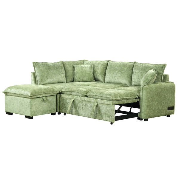 English Elm 82.67"Convertible Sofa Bed Sectional with Storage Ottoman, Power Sockets & USB Ports, Chenille Comfort Green SG001450AAF