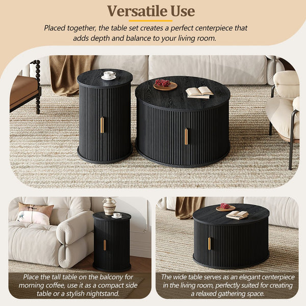 English Elm [Assembly Mid-Century Coffee Table Set with Tambour Sliding Doors, Fluted Round End Table, Gold Handles, Versatile Storage and Stylish Wooden Finish Black N721P351940B
