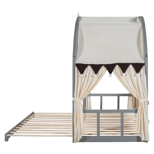 English Elm Twin Pinewood Ground-Level Canopy Bed with Arched Roof and Trundle for Kids—Whimsical, Sturdy Design Gray N820P181648E