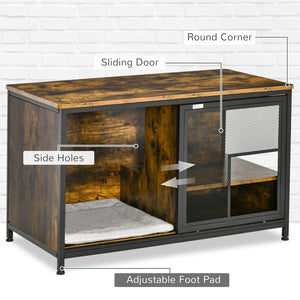 English Elm PawHut Stylish Cat Kennel End Table with Sliding Doors, Steel & Wood Look Pet House with Cushion Brown W2225P173765