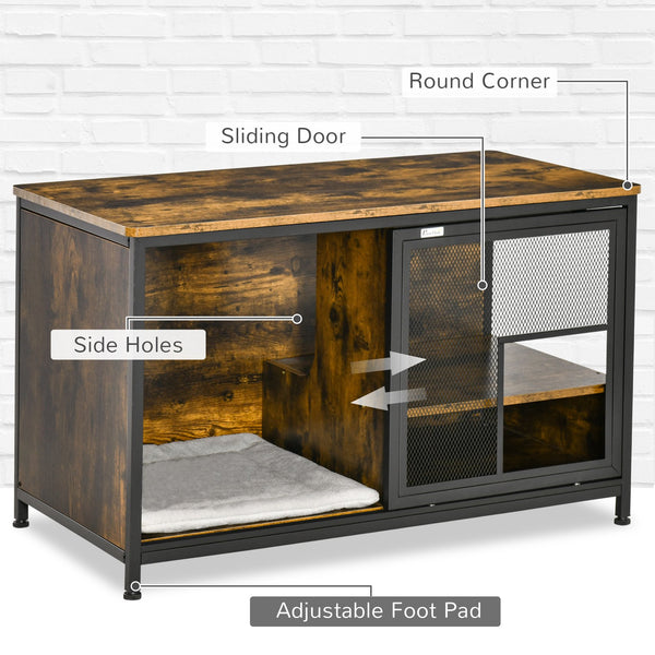 English Elm PawHut Stylish Cat Kennel End Table with Sliding Doors, Steel & Wood Look Pet House with Cushion Brown W2225P173765