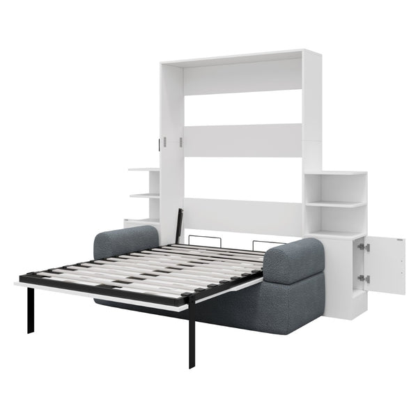 English Elm Full Size Murphy Bed System with Integrated Sofa and Storage Towers for Guest Rooms White+Gray LP000380AAE