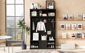 English Elm U-Can 57'' Hall Tree with Bench, Drawer & Shelves for Entryway Organizing and Stylish Storage Black N724P264673B