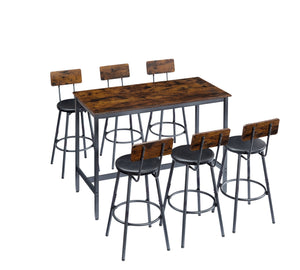 English Elm Pub Industrial Style 7-Piece High Dining Set with Steel Frame, PU Padded Bar Chairs, Adjustable Feet Rustic Brown W1668P193691
