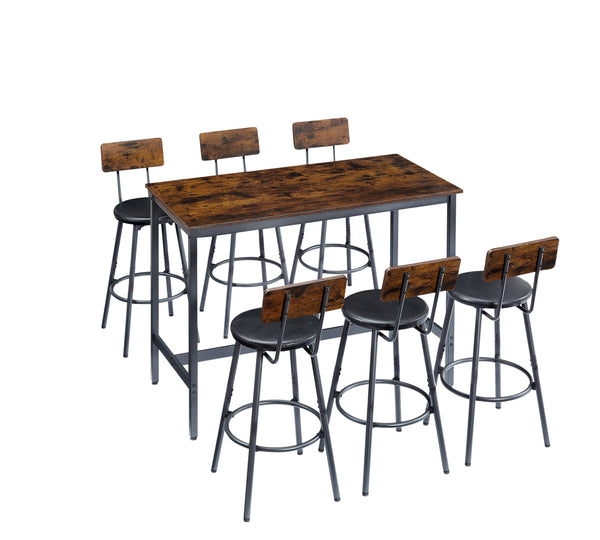 English Elm Pub Industrial Style 7-Piece High Dining Set with Steel Frame, PU Padded Bar Chairs, Adjustable Feet Rustic Brown W1668P193691