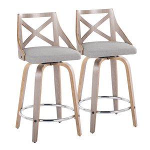 English Elm Charlotte 24" Farmhouse Counter Stool Set of 2 with X-Back, Swivel Seat, Cushioned Fabric & Chrome Footrest Grey B202S00022
