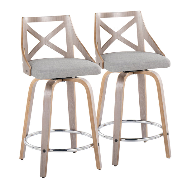 English Elm Charlotte 24" Farmhouse Counter Stool Set of 2 with X-Back, Swivel Seat, Cushioned Fabric & Chrome Footrest Grey B202S00022