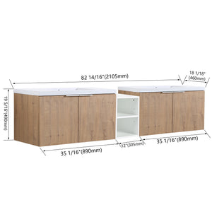 English Elm 84 Inch Wall Mounted Vanity with Dual Resin Sinks, Soft Close Doors, Metal Handles, Ample Storage Space Imitative Oak W999S00190