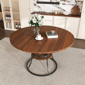 English Elm 43 Inch Expandable Round Dining Table Walnut Veneer Seats Six with Metal Storage Shelf Walnut+Black W2700P411580