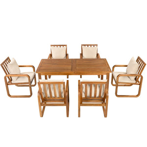English Elm Outdoor Acacia Wood Dining Set Seats Six with Cushioned Armrest Chairs for Patio Natural Wood+Brown N719Z000200D