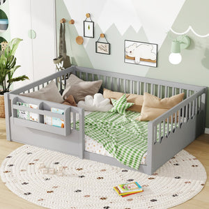 English Elm Twin Low Profile Kids Floor Bed Pine Wood Frame with Safety Rail and Built in Bookshelf Gray W1580P373140