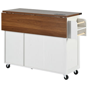 English Elm K&K 54.5" Farmhouse Kitchen Island with Drop Leaf, Built-In Power Station, Rolling Storage Cart White N707P170349W