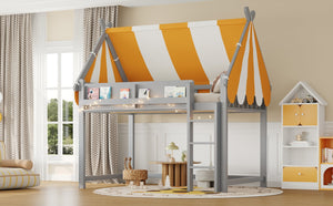 English Elm Full Size Solid Wood Loft Bed with Canopy Led Lighting and Integrated Bookshelf Gray N7090002242E