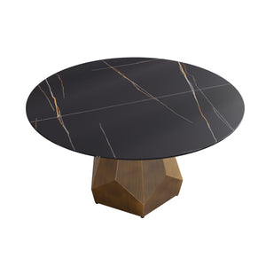 English Elm 59.05" Round Marble Dining Table – Stylish Artificial Marble & Metal Base For 6-8 Guests In Black W1535S00372