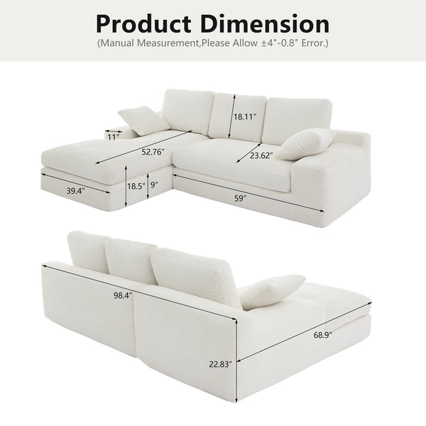 English Elm White corduroy compressed sofa with 3 back cushions & 2 throw pillows—soft, lightweight, durable comfort W3612S00015