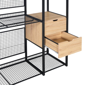 English Elm Open-Style Wardrobe Storage System with Heavy-Duty Metal Frame, Rails, Shelves & Drawers - Sleek Durable Design for Organized Living Black SF000087AAB