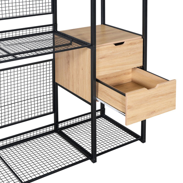 English Elm Open-Style Wardrobe Storage System with Heavy-Duty Metal Frame, Rails, Shelves & Drawers - Sleek Durable Design for Organized Living Black SF000087AAB