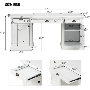English Elm 67" White Executive Desk with Cabinet Storage Drawers and Usb Ports for Home Office N751S415500K
