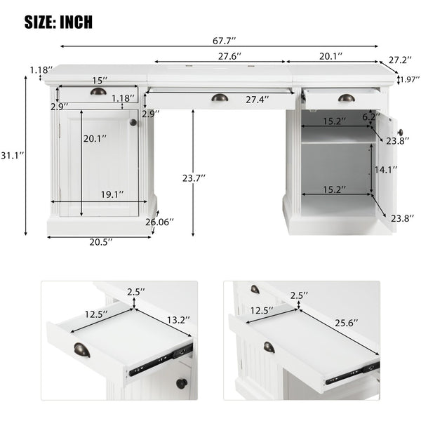 English Elm 67" White Executive Desk with Cabinet Storage Drawers and Usb Ports for Home Office N751S415500K