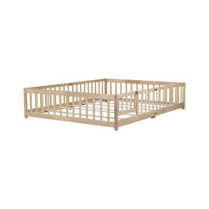 English Elm Queen Rubber Wood Floor Bed with Full Perimeter Safety Fence and Hinged Access Door Natural W504P429341
