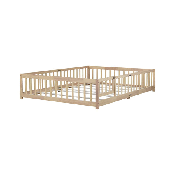 English Elm Queen Rubber Wood Floor Bed with Full Perimeter Safety Fence and Hinged Access Door Natural W504P429341