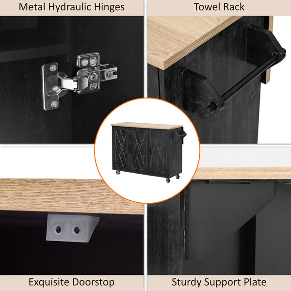 English Elm K&K Farmhouse Kitchen Island with Geometric Twill Doors, ASH Bark Top, Drop Leaf & Lockable Wheels Black N707P221444B