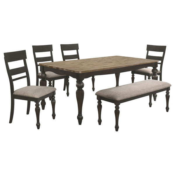 English Elm Windsor Rich Brown Brushed 6-Piece Rectangular Dining Set with Bench, Ladder-Back Chairs, Durable Finish B062S01298