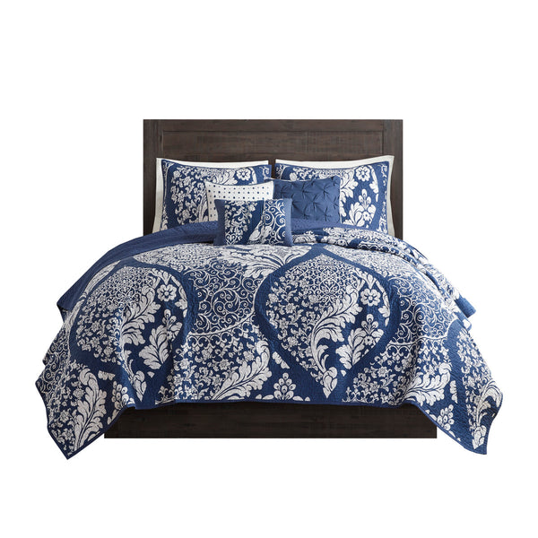 English Elm 6 Madison Park Vienna Reversible Cotton Quilt Set with Damask Print, Flange Edge & Embroidered Pillows Indigo 17.72 L x 15.75 W x 13.5 H B03597521