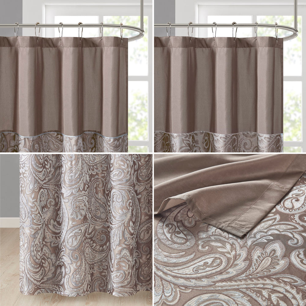 JLA Home Madison Park - Jacquard shower curtain with woven paisley texture, contrast top stripe, durable machine-washable style Blue/Brown MP70-224
