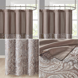 JLA Home Madison Park - Jacquard shower curtain with woven paisley texture, contrast top stripe, durable machine-washable style Blue/Brown MP70-224