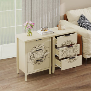 English Elm Hollow-Carved 3 Drawer Cabinet Dresser Storage Chest with Black Metal Handles, Anti-Tip Safety & Elegant Pattern (36.23x18.51x7.88) W688P223042