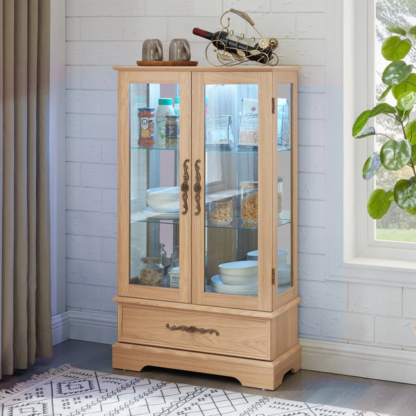 English Elm Lighted Glass Curio Display Cabinet - Elegant Oak Finish, Led Lighting, Adjustable Shelves & Secure Storage W1758P290020