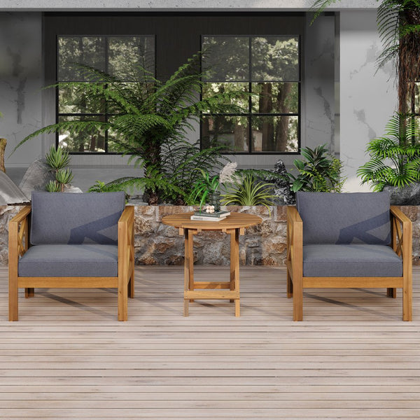 English Elm Christopher Knight Home® - Patio Conversation Set - Stylish Acacia Wood Chairs With Dark Grey Cushions & Foldable Side Table N770P264304G_N770P261552T
