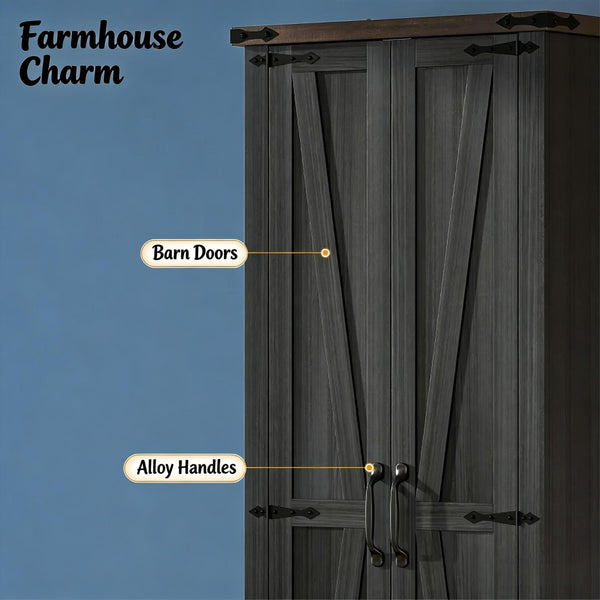 English Elm Elegant Farmhouse Pantry Cabinet with Barn Doors Slim Mdf Build for Kitchen Storage Black,Oak T3971P492087