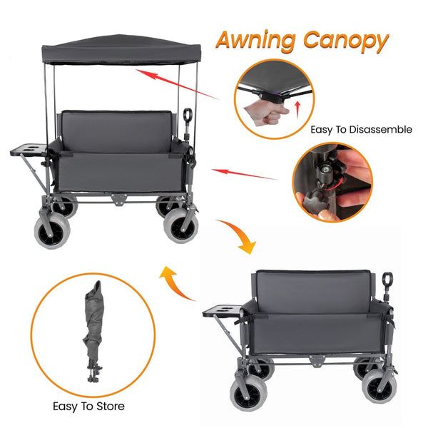 English Elm 3-in-1 Collapsible Wagon with Canopy Bench Tabletop and All-terrain Wheels for Camping Gray W2932P417652