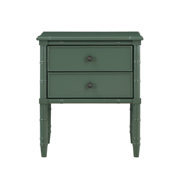 English Elm Emmett carved bamboo nightstand with 2 full‑extension drawers, brass knobs and floor‑protecting glides Antique Green B050P376942